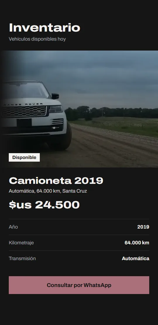 Ficha de un vehículo en el celular, con su precio y el botón de consulta por WhatsApp