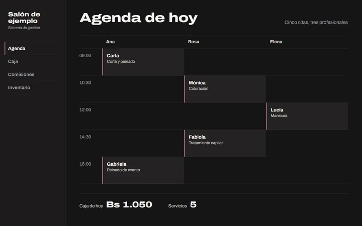 Agenda de hoy de un sistema para salones, con las citas de cada profesional y la caja del día