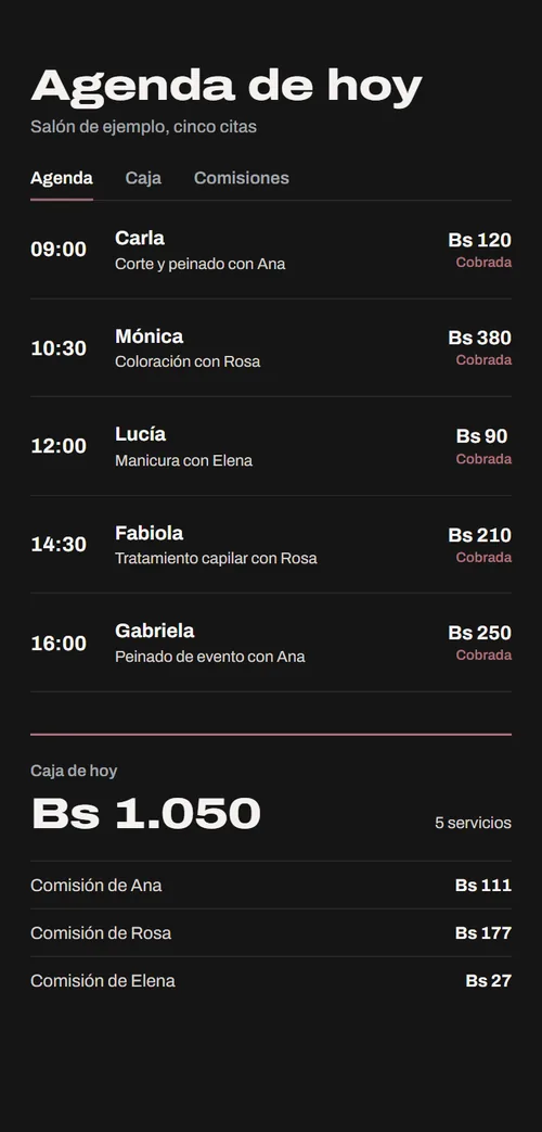 La agenda de hoy del mismo sistema en el celular, con las citas, la caja y las comisiones